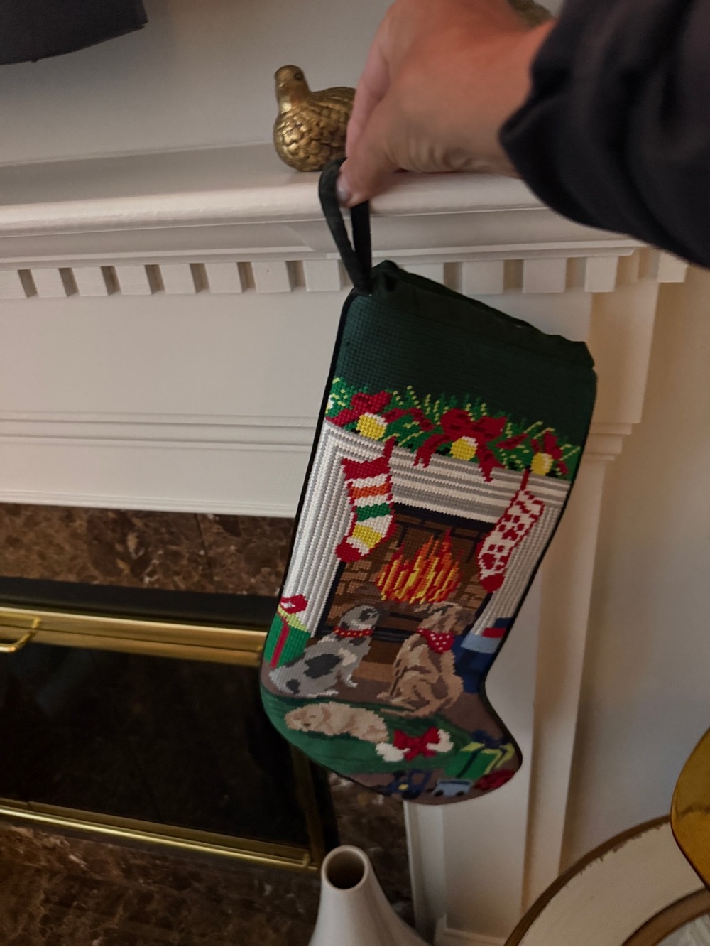 LANDS END Needlepoint Fireplace /Dogs Christmas Stocking